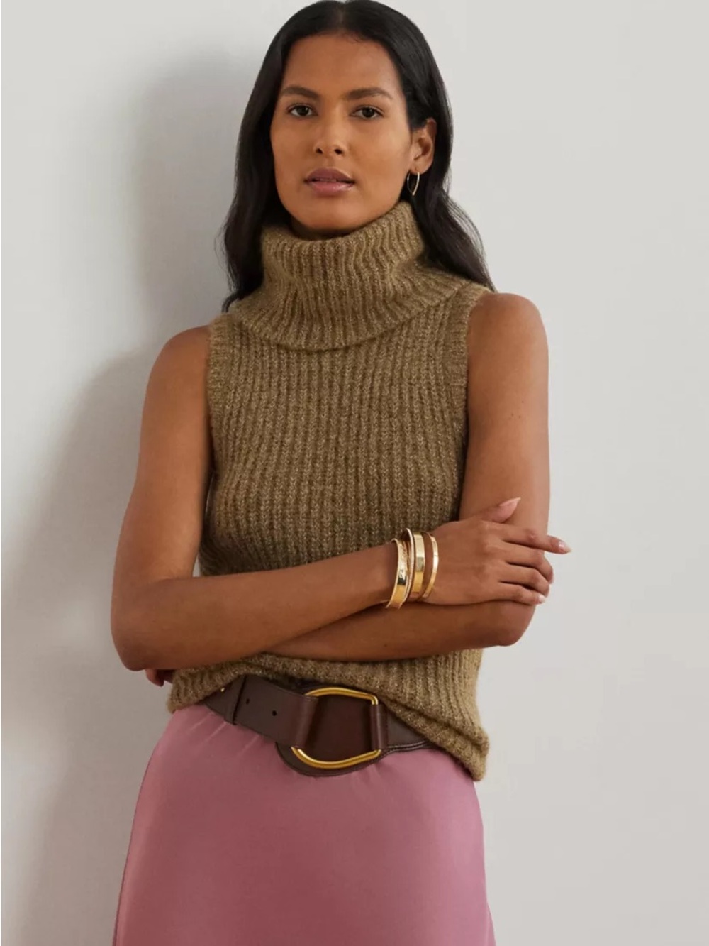 Lauren Ralph Lauren Metallic Rib-Knit Sleeveless Turtleneck Sweater Tank Brown G
